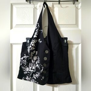 Vintage Y2K Halter Vest by Sugar Tart, Black & Silver Pinstripe, Metallic Design